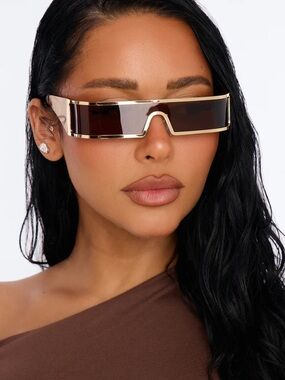 Gold Frame Shield Sunglasses with Brown Lens - Women Accessories
